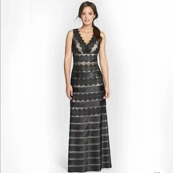 JS COLLECTIONS Black Beige Satin Overlay Mesh Lace Stripe Gown Maxi Dress 14W 1X - Image 1 of 4