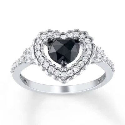 Valentine's Gift Lab Created Black Spinel Sterling Silver Heart Engagement Ring - Image 1 of 4