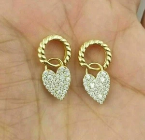14K Yellow Gold Plated Heart Dangle Earrings 2Ct Round Cut Lab-Created Diamond - Picture 1 of 5