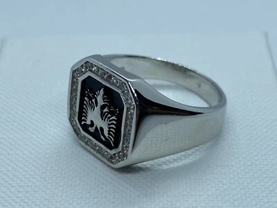 Genuine Mens Solid Silver Albanian Eagle Ring CZ Stone Set - 925 Sterling Silver - Image 1 of 4