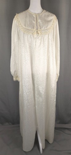 OFF WHITE Accappatoio vintage Barbizon Peignoir donna L bianco sporco raso pizzo manica a sbuffo lunghezza intera