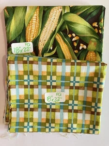 Lot of 2 Fat Quarters Coordinated Ears of Corn and Plaid - Picture 1 of 3