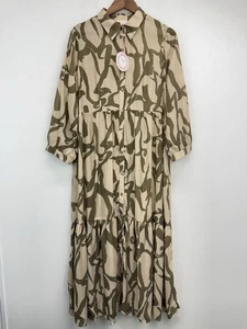 Abito maxi camicia donna Umgee taglia Large verde talpa stampa astratta a strati nuovo con etichetta - Foto 1 di 10