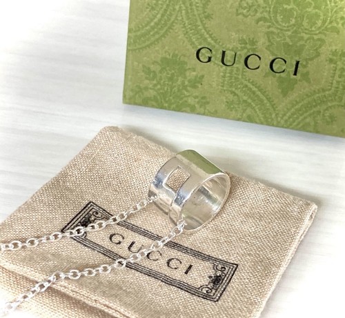 GUCCI G Logo Foro Quadrato Collana Ciondolo Anello Argento Taglio G Tg 17 Unisex