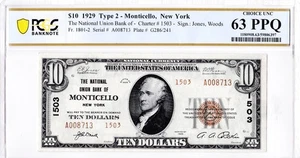 $10 1929 T2 National MONTICELLO New York NY 🇺🇸 PCGS 63 PPQ 🇺🇸 - Picture 1 of 2