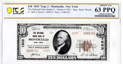 $10 1929 T2 National MONTICELLO New York NY 🇺🇸 PCGS 63 PPQ 🇺🇸 - Image 1 of 2