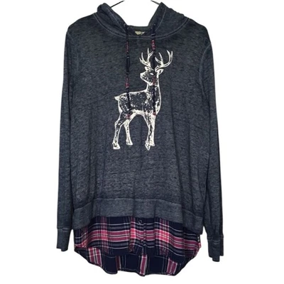 BASS CASUAL COMFY RAINDEER PRINT 2 FER LAYERED HOODED SWEATSHIRT TUNIC TOP XL - Image 1 of 4