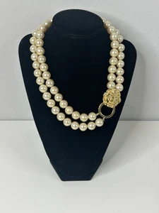 Vintage KJL For Avon Lion’s Head Door Knocker Double Strand Faux Pearl Necklace - Picture 1 of 6