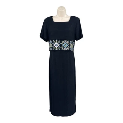 Vestido Sheri Martin Midi Mujer Talla 12 Negro Boho Vintage Bordado Hecho en EE. UU. Foto 1 de 4