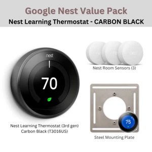 BLACK Pack: Nest Learning Thermostat 3rd gen + 3x Room Sensors + Mounting Plate - Picture 1 of 5