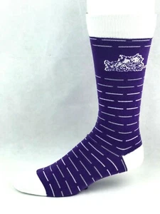 TCU Horned Frogs Purple Crew Socks with White and Gray Lines - Picture 1 of 2