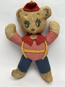 Vintage Brown 8.75” Plush Teddy Bear Cloth Old Kids Toy Handmade Plaid Red Hat - Picture 1 of 16