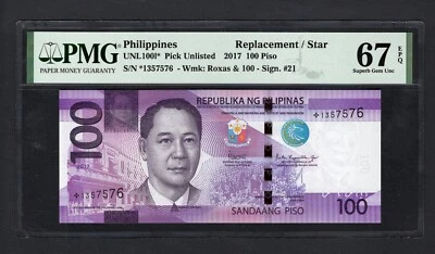 Philippines 100 Piso 2017 P UNL1001* Replacement Uncirculated Grade 67 Top Pop 1 - Image 1 of 2