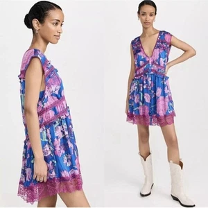 Free People Floral Sleeveless Lace Spring Fling Mini Dress Ultra Violet Combo Sm - Picture 1 of 5