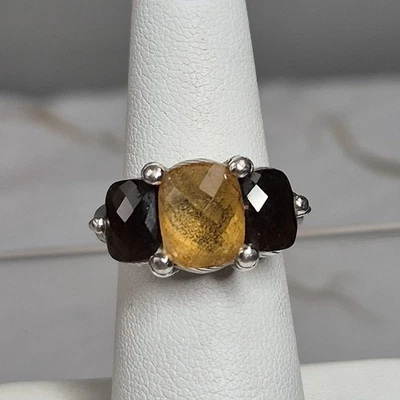 Judith Ripka Citrine & Smoky Quartz 3 Stones Ring Sterling Silver 925 Sz 5.75 - Image 1 of 4