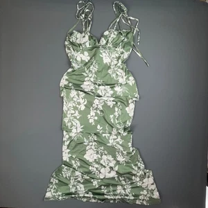 Marthea Dress Womens L Green Floral Satin Slip Tie Strap Cupped Bust Romantic - Picture 1 of 7