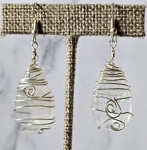 New Artisan Silver Wire Wrapped Clear Quartz Stone Teardrop Earrings 1.25x.75" - Picture 1 of 5