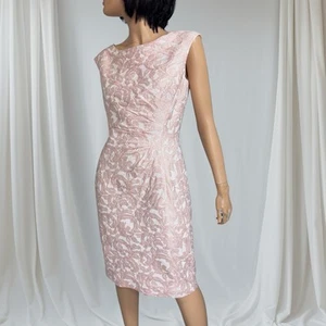 Ralph Lauren Ruched Sheath Dress 8 Pale Pink Jacquard Floral Romantic Event Glam - Picture 1 of 15