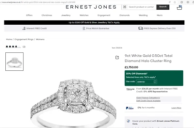 Ernest Jones 9 Carat White Gold 0.50 Ct Diamond Halo Cluster Ring Size K Boxed - Image 1 of 4