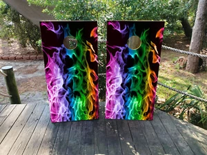 WATERPROOF & FADEPROOF Cornhole Board Wraps / Rainbow Flames / - Picture 1 of 3
