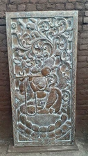 Vintage Wood Door, Fluting KRISHNA Door Panel, Wall Sculpture Indian Door Panel 