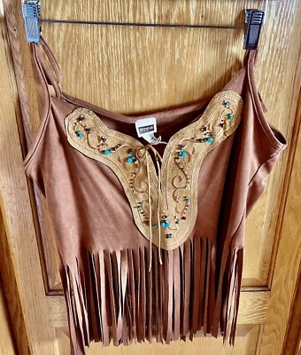 Suede Fringe Top W Spaghetti Straps Vintage Sz 8, L With Turquoise Beads - Imagem 1 de 4