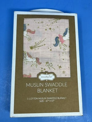 Mud Pie Baby Pink Unicorn Cotton Muslin Swaddle Blanket Gift Box 47” X 47” New - Image 1 of 4