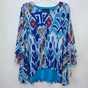 Calessa Mesh Knit Abstract Print Crew Neck Bracelet Length Sleeve Layered Top XL - Picture 1 of 11