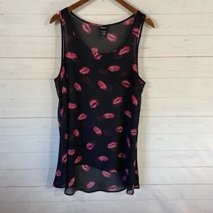 Torrid Womens Lips & Polka Dot Print Tunic Tank Top Sz L Black/Pink Semi Sheer - Picture 1 of 7