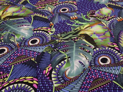 Stoff Baumwolle Dschungel Blätter Maya Inka Design grün lila bunt Kleiderstoff - Bild 1 von 4