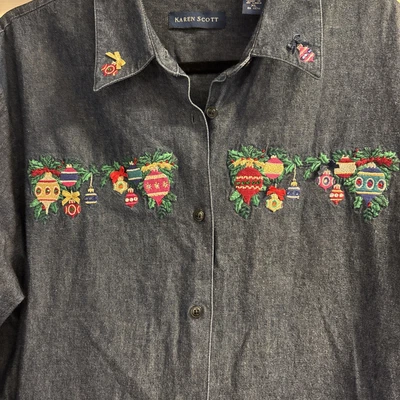 Vtg Karen Scott Womens XL Denim Christmas Holiday Shirt Embroidered Ornaments - Image 1 of 4