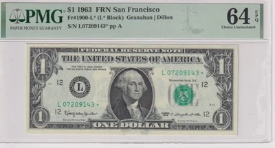 Fr 1900-L* STAR 1963 $1 FRN L07209143* bp 483 PMG 64EPQ SAN FRANCISCO NON MULE - Image 1 of 2