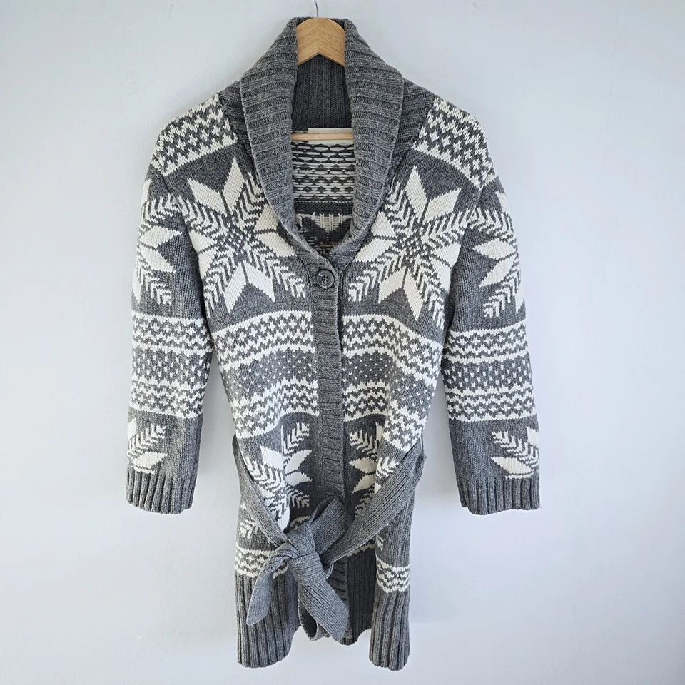 Ronit Zilkha M UK 12 Cardigan Coatigan Women's Grey White Fair Isle Belted Wool - Image 1 of 4