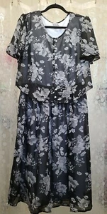 Anthony Richards Size 12 Black & Gray Floral Flare Lined Dress Poly - Picture 1 of 7