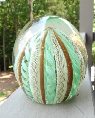 Murano Art Glass Zanfirico Latticino Aventurine Ribbon Crown Paperweight - Image 1 of 4