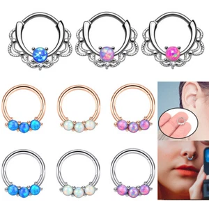 1PC Surgical Steel Opal Segment Nose Rings Hoops Septum Clicker Earrings 16G - Picture 1 of 35
