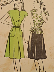 1940s Miss Advance 4158 Pattern Round/Heart Neck/Peplum Dress Sz 11 B29 Complete - Picture 1 of 7
