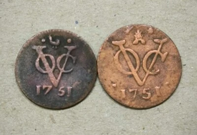 2 Pcs Dutch Netherlands Colonial Voc Duit 1751 Different Type Province Coin_M12 - Image 1 of 2