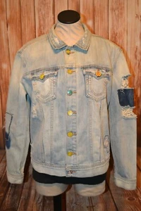True Religion Women's Gigi Distressed Light Blue Denim Trucker Jacket Sz M - Picture 1 of 12