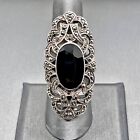 VTG Art Deco Goth Sterling Silver Marcasite Black Stone Elongated Cocktail Ring
