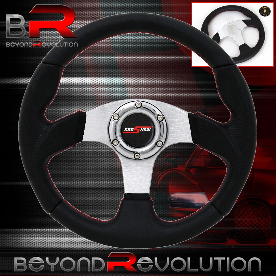 Volante Godsnow Jdm Horn negro plata centro rojo puntadas 6 pernos orificios Foto 1 de 4