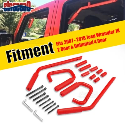Front Rear Red Hand Grab Bars Mount Grip Handles For Jeep Wrangler JK JKU 07-18 - Image 1 of 4