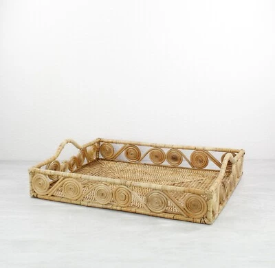 New Swirly Rectangle Large Rattan Tray with Handles-Natural-17.7" - Image 1 of 3