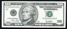 2001 $10 FRN FEDERAL RESERVE NOTE “LOW SERIAL # CC00000109B” GEM UNC