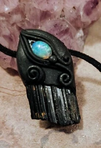 Inner Strength. Black Tourmaline Fire Opal Necklace Pendant. Spiritual Jewelry - Picture 1 of 3