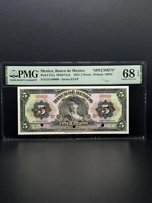 1954-$5 ПЕСО BANCO NOTE DE MÉXICO ОБРАЗЕЦ СУПЕР ДРАГОЦЕННЫЙ КАМЕНЬ UNC изящная вещь. - Изображение 1 из 2