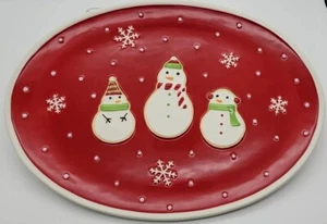 Hallmark China 3 Snowman Snowflakes Red Oval Serving Platter 15" x 11" Rim White - Picture 1 of 3