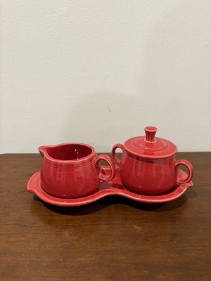 Fiesta Sugar & Creamer Set Scarlet Red Figure 8 Tray Made in USA Fiestaware - Image 1 of 4