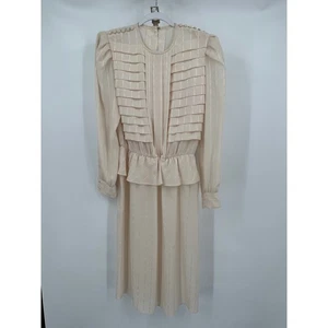 Womens Vintage Cream Peplum Dress Size L Satin Stripe Romantic Cottagecore FLAW - Picture 1 of 6