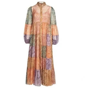 ZIMMERMANN Brighton 100% Silk Long Sleeve Multicolor Patchwork Maxi Dress - Picture 1 of 8